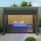 Grill King Outdoor BBQ Shelter Package – 6 Burner Charcoal BBQ Kitchen, Fridge & Sink + Freestanding Aluminium Louver Roof with LED Lighting & Privacy Blind
