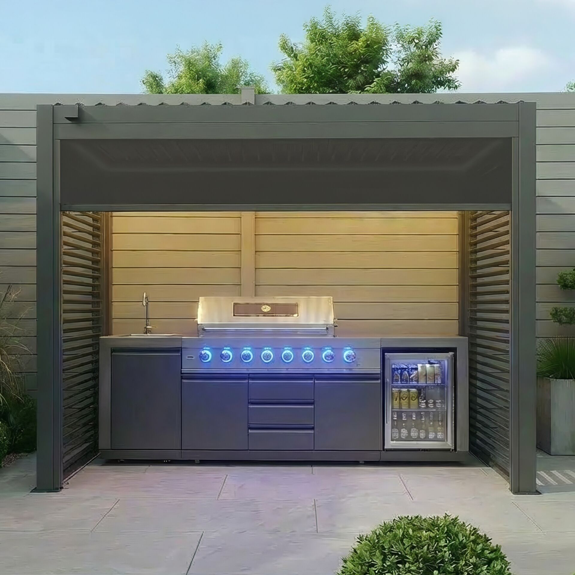 Grill King Outdoor BBQ Shelter Package – 6 Burner Charcoal BBQ Kitchen, Fridge & Sink + Freestanding Aluminium Louver Roof with LED Lighting & Privacy Blind