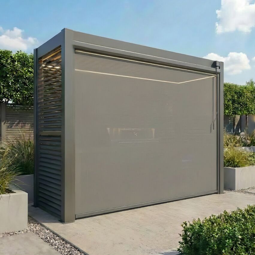 Grill King Outdoor BBQ Shelter Package – 6 Burner Charcoal BBQ Kitchen, Fridge & Sink + Freestanding Aluminium Louver Roof with LED Lighting & Privacy Blind