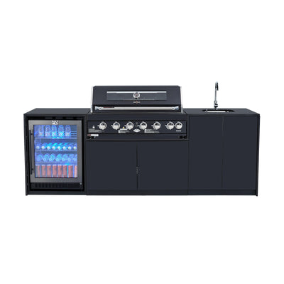 Grill King Signature Series 6 Burner Outdoor BBQ Kitchen Package – Black Stone Benchtop, Black Aluminium Cabinets, Built-In BBQ + Rotisserie