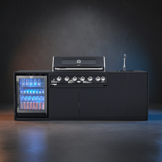 Grill King Signature Series 6 Burner Outdoor BBQ Kitchen Package โ Black Stone Benchtop, Black Aluminium Cabinets, Built-In BBQ + Rotisserie