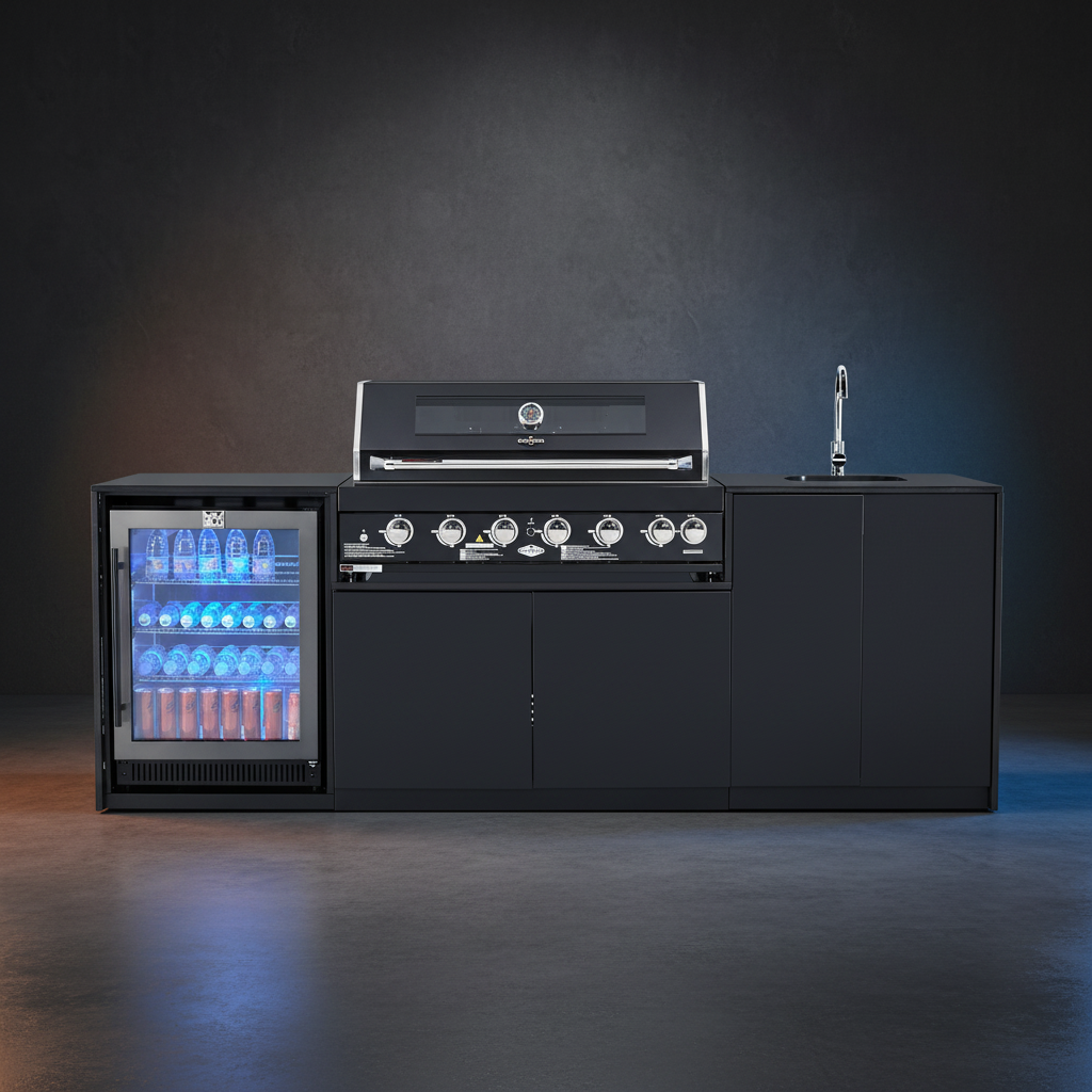 Grill King Signature Series 6 Burner Outdoor BBQ Kitchen Package – Black Stone Benchtop, Black Aluminium Cabinets, Built-In BBQ + Rotisserie