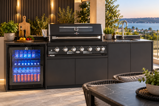Grill King Signature Series 6 Burner Outdoor BBQ Kitchen Package – Black Stone Benchtop, Black Aluminium Cabinets, Built-In BBQ + Rotisserie