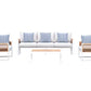 Morlaix 4 Piece Hampton Style Designer Outdoor Lounge Set: White Aluminium, Acacia Wood, Table & Cushions