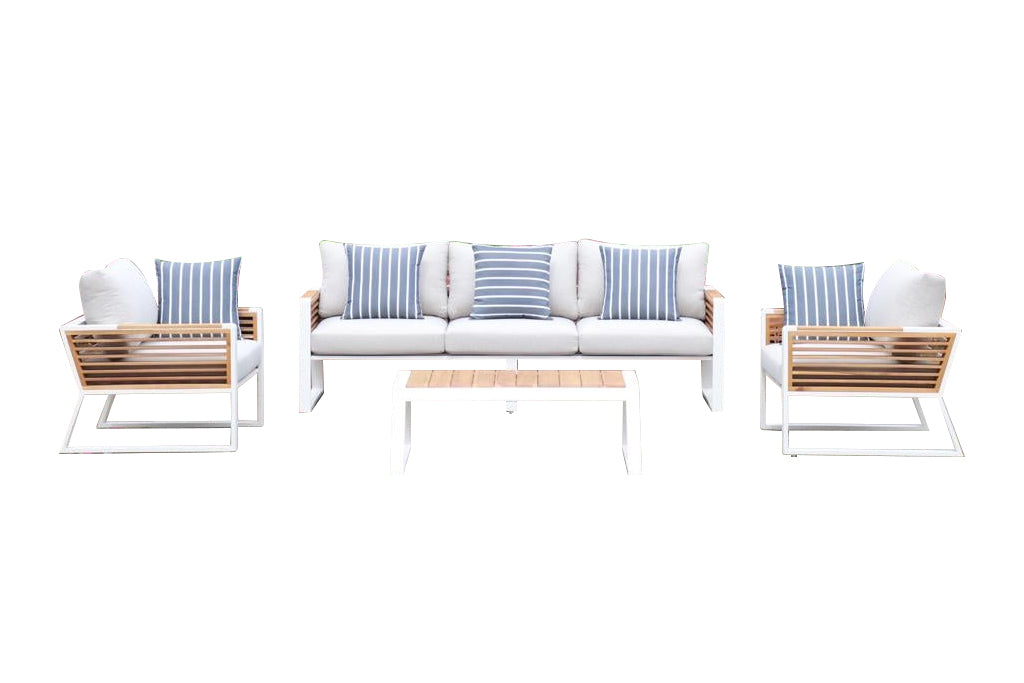 Morlaix 4 Piece Hampton Style Designer Outdoor Lounge Set: White Aluminium, Acacia Wood, Table & Cushions