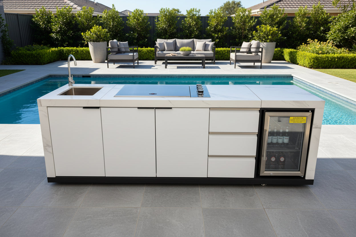 Floor Stock Rockpool White 4B Drop In Flat Hood BBQ Kitchen Inc Sintered Stone Benchtops, Aluminium Cabinets, Fridge & Sink