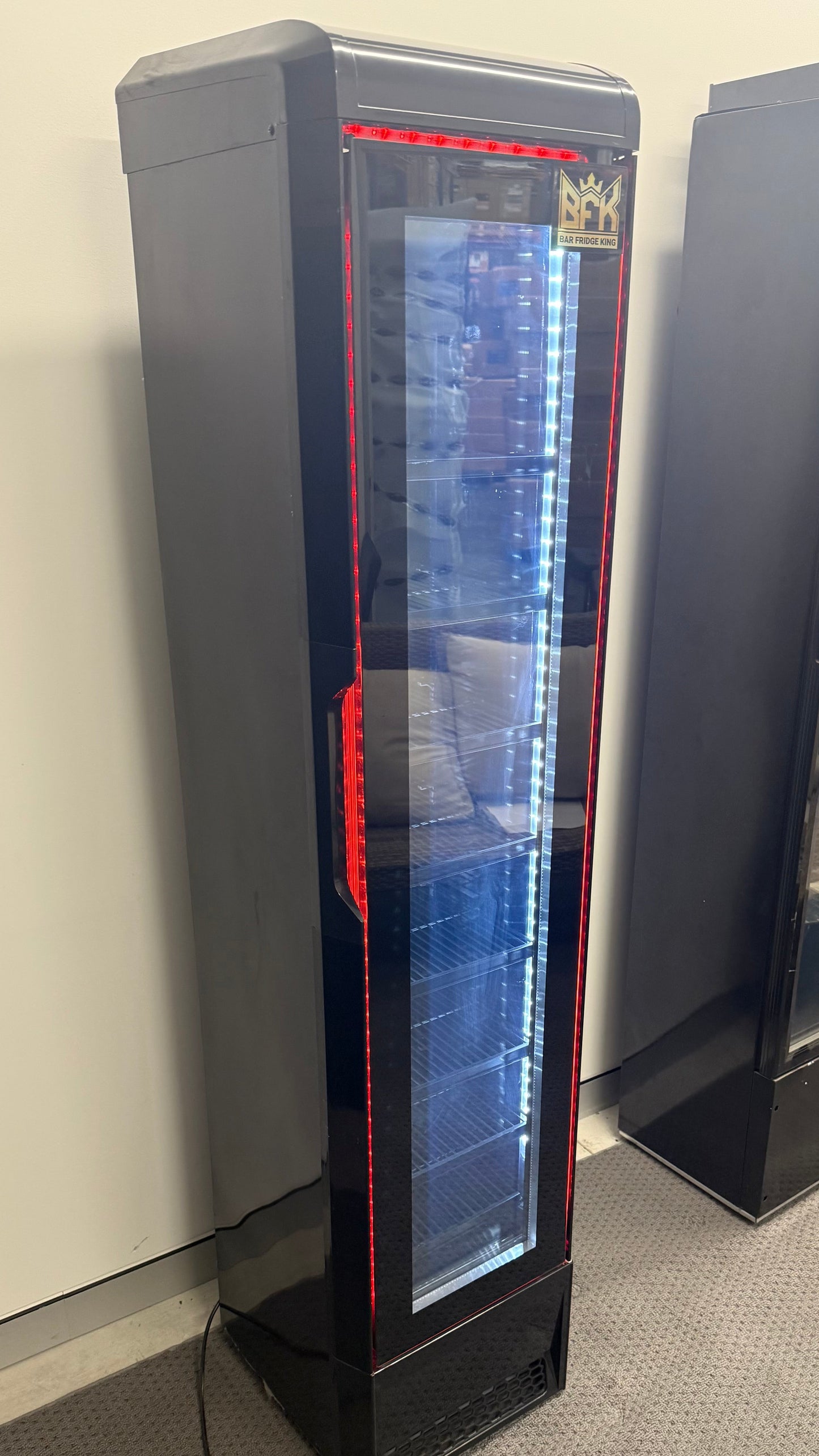 Floorstock Tropical Rated Triple Glazed 135L Commercial Skinny Upright Bar Fridge - Single Door, Black Stainless Steel, Red LED Lighting for Wine & Beverages