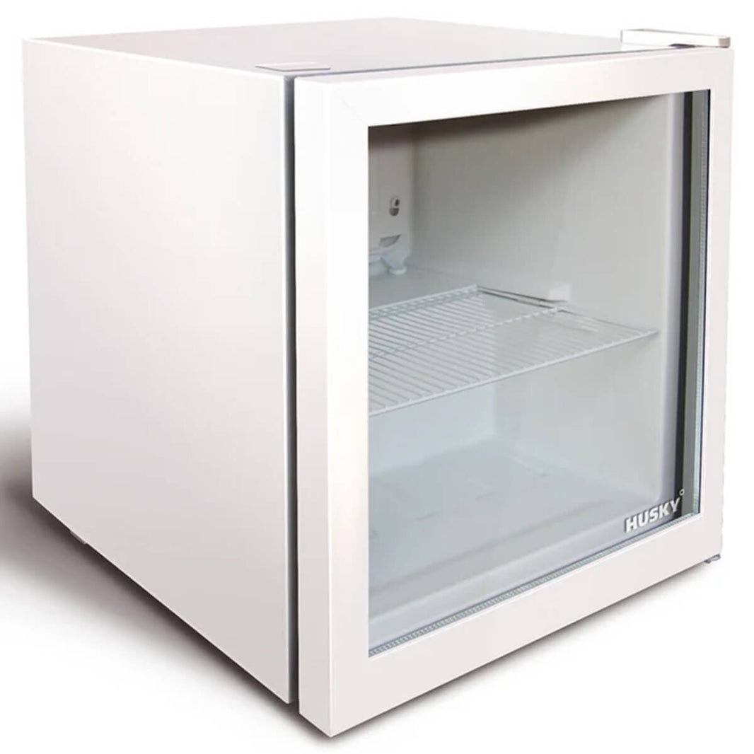 Free Metro Shipping Husky 48L Glass Door Bar Fridge – White | Compact Display Drinks Fridge | Indoor Use