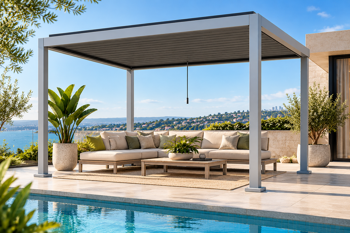 GazeboMate 4m × 5m Monument Aluminium Louvered Gazebo + Retractable Privacy Screen Combo