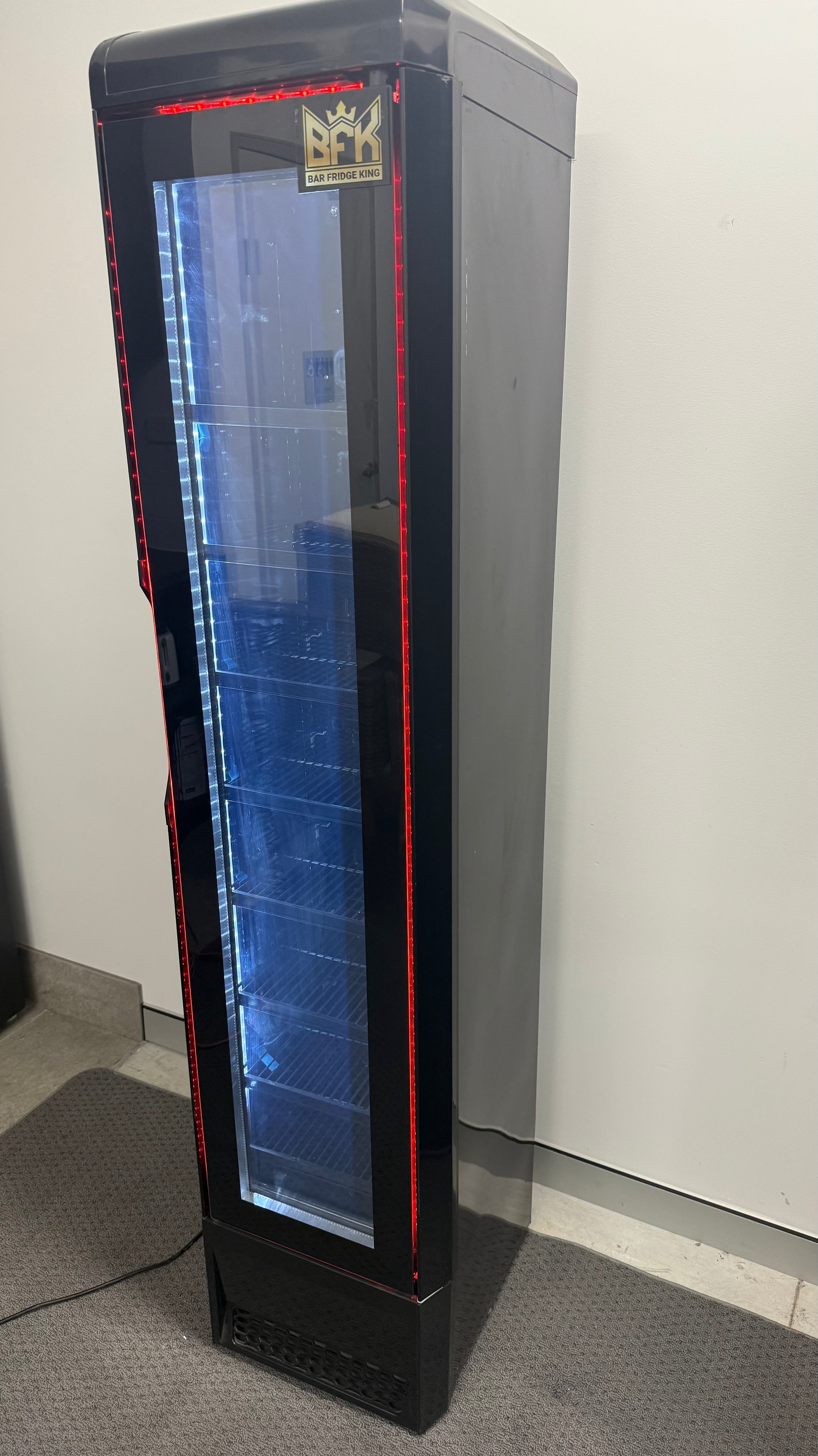 Floorstock Tropical Rated Triple Glazed 135L Commercial Skinny Upright Bar Fridge - Single Door, Black Stainless Steel, Red LED Lighting for Wine & Beverages