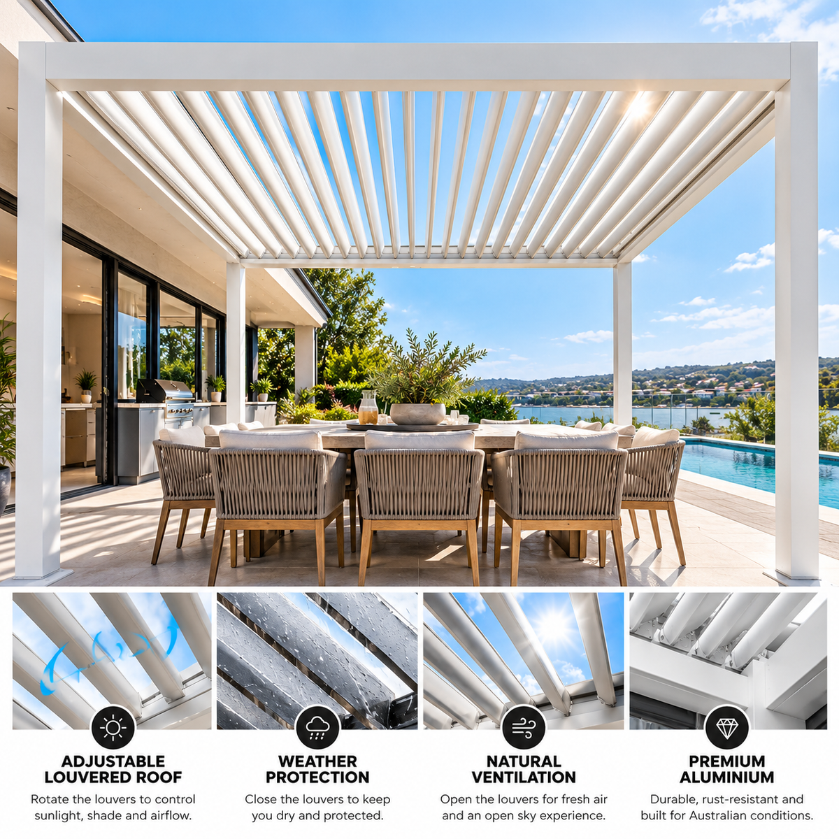GazeboMate 4m × 5m White Aluminium Louvered Gazebo + Retractable Privacy Screen Combo