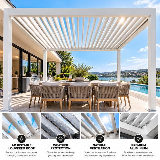GazeboMate 4m × 5m White Aluminium Louvered Gazebo + Retractable Privacy Screen Combo