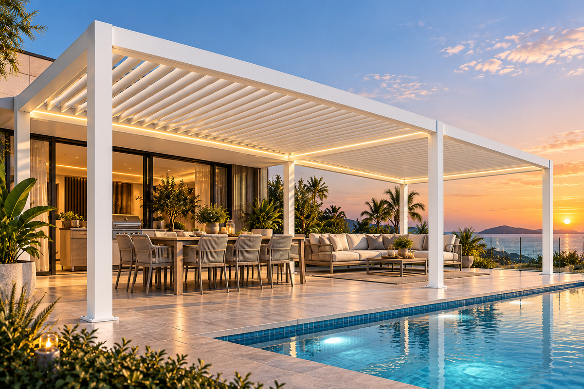GazeboMate 3.6m × 7.2m White Aluminium Louvered Gazebo – Adjustable Roof Pergola