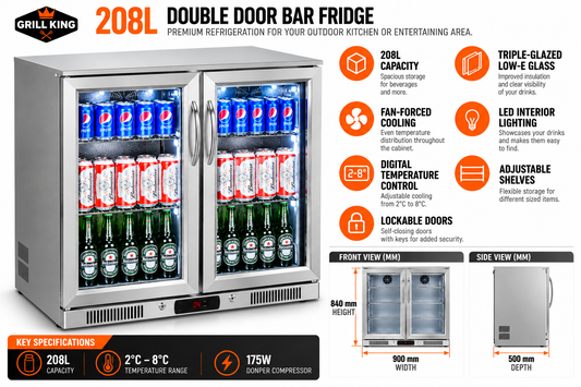 208L Double Door Stainless Steel Underbench Bar Fridge | Triple Glazed Glass