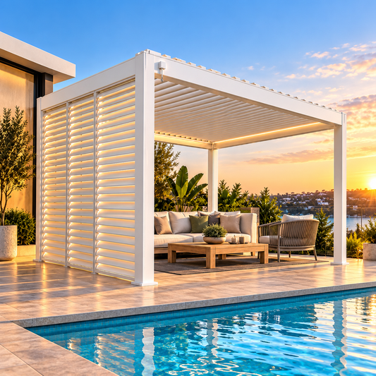 GazeboMate 3M x 4M White Aluminium Louvered Gazebo + Adjustable Privacy Wall Combo