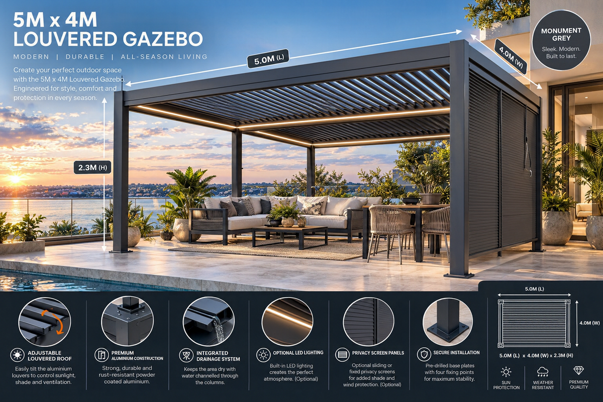 GazeboMate 4m × 5m Monument Aluminium Louvered Gazebo + Retractable Privacy Screen Combo
