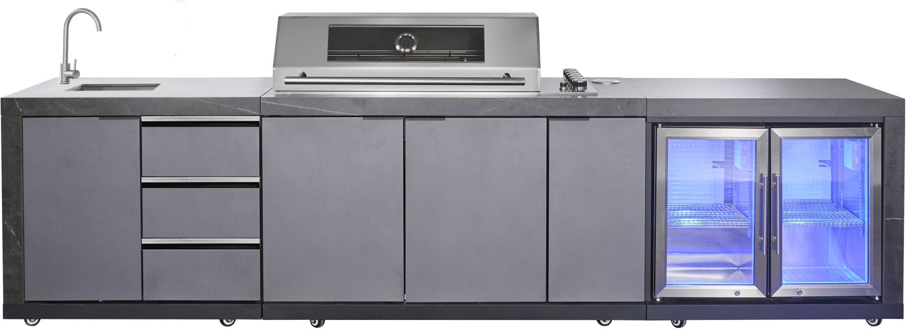 Deep Charcoal 6B Drop In BBQ Kitchen Package Inc sintered stone benchtops, Aluminium Cabinets, Weather Resistant, Fridge & Sink