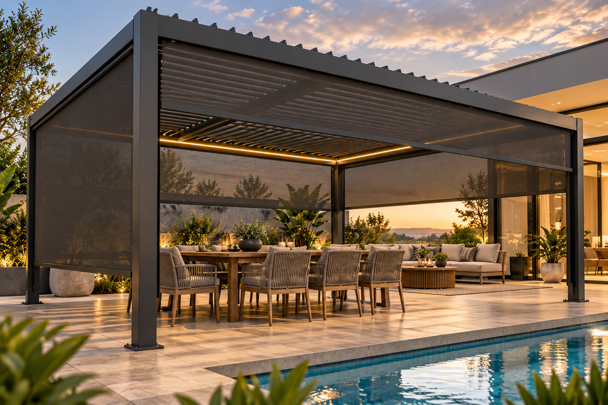 GazeboMate 4m × 5m Monument Aluminium Louvered Gazebo + Retractable Privacy Screen Combo