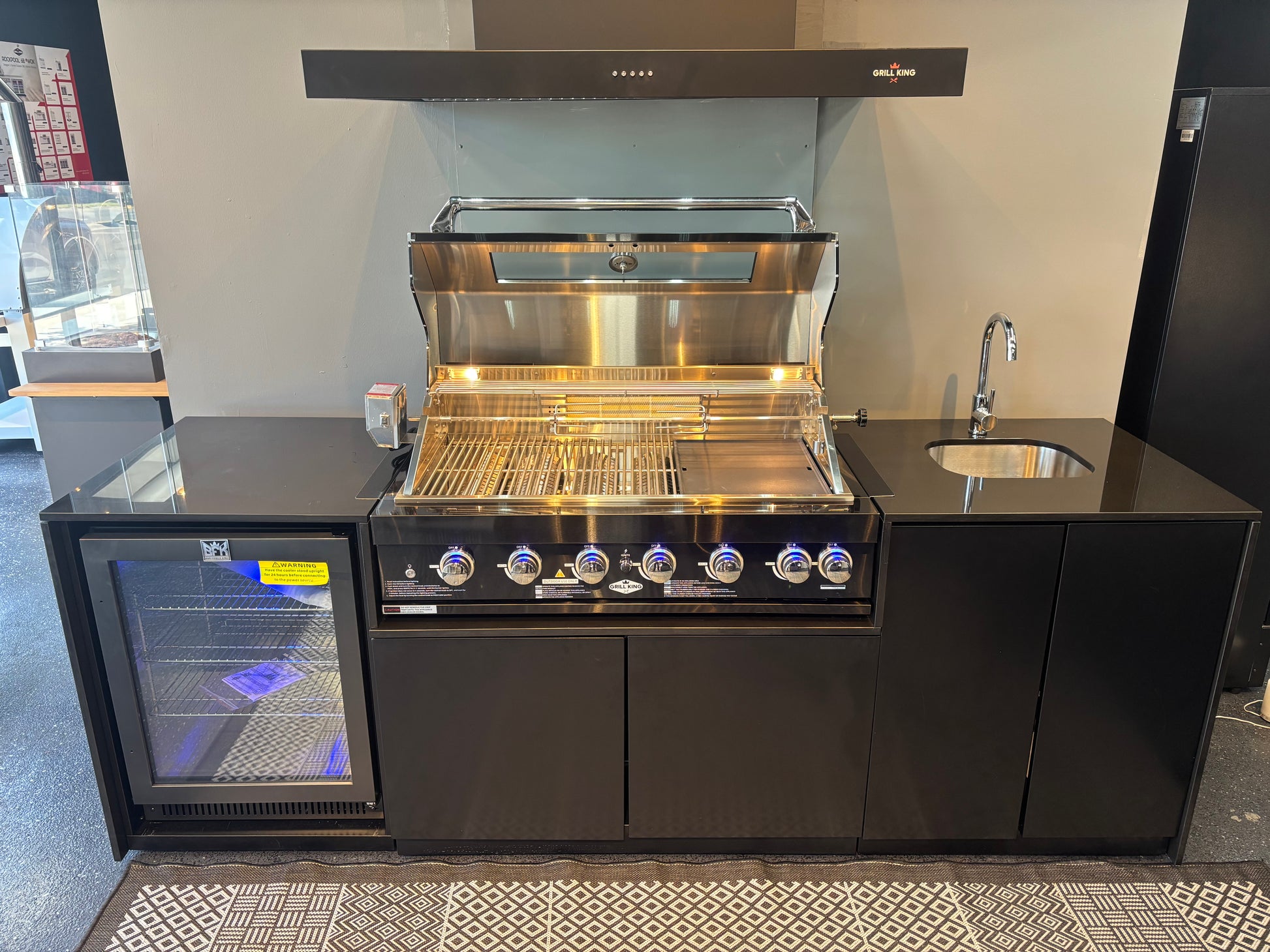 Grill King Signature Series 6 Burner Outdoor BBQ Kitchen Package – Black Stone Benchtop, Black Aluminium Cabinets, Built-In BBQ + Rotisserie