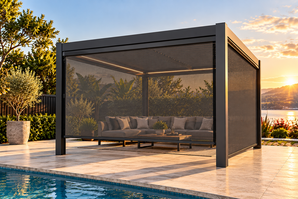 GazeboMate Combo: 3M x 4M Monument Aluminium Louvered Gazebo + Retractable Privacy Screen