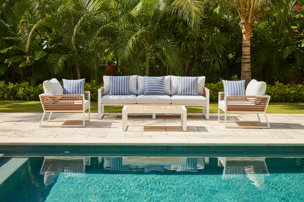 Morlaix 4 Piece Hampton Style Designer Outdoor Lounge Set: White Aluminium, Acacia Wood, Table & Cushions