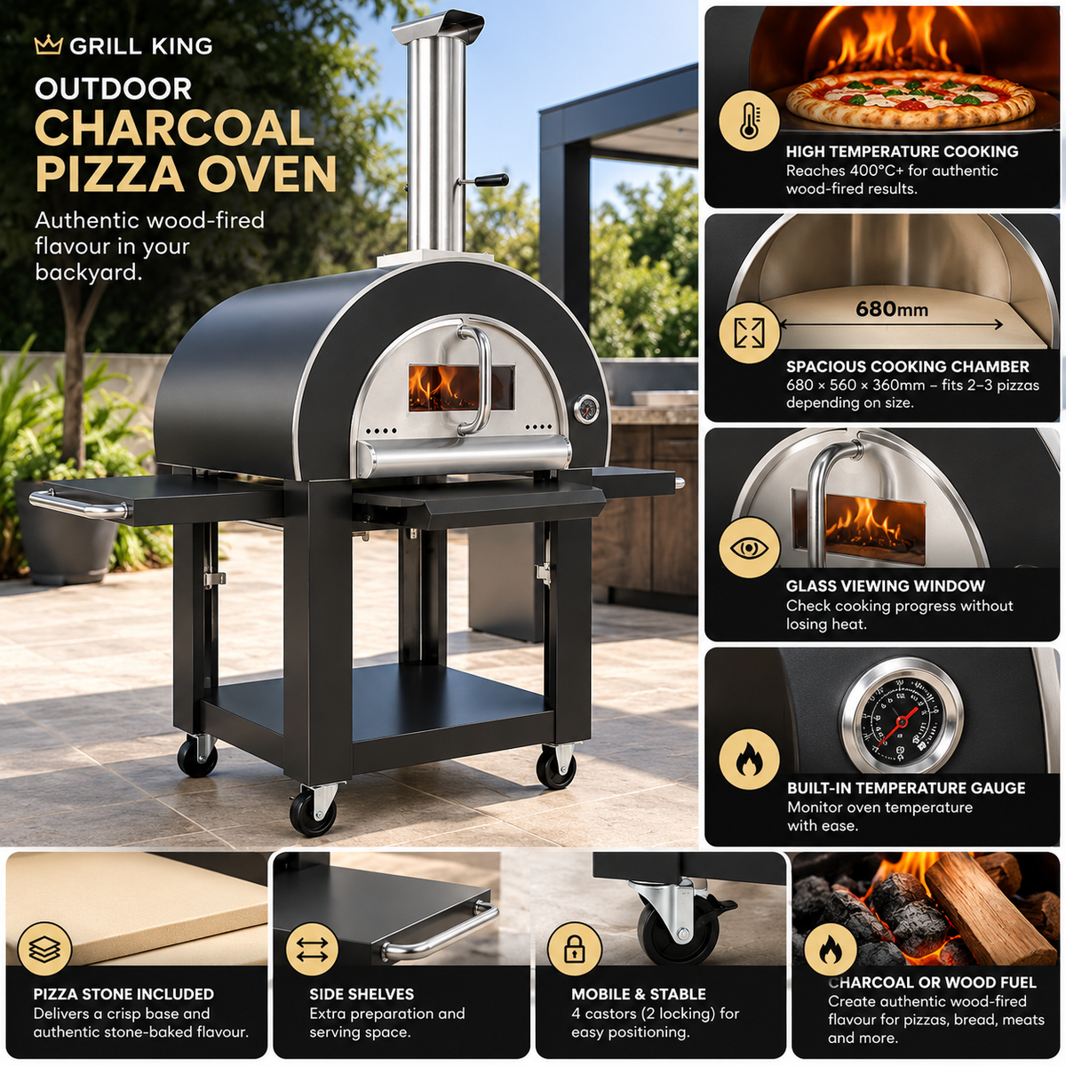 Grill King Outdoor Charcoal Pizza Oven – Black Stainless Steel | Wood-Fired Pizza Oven with Trolley