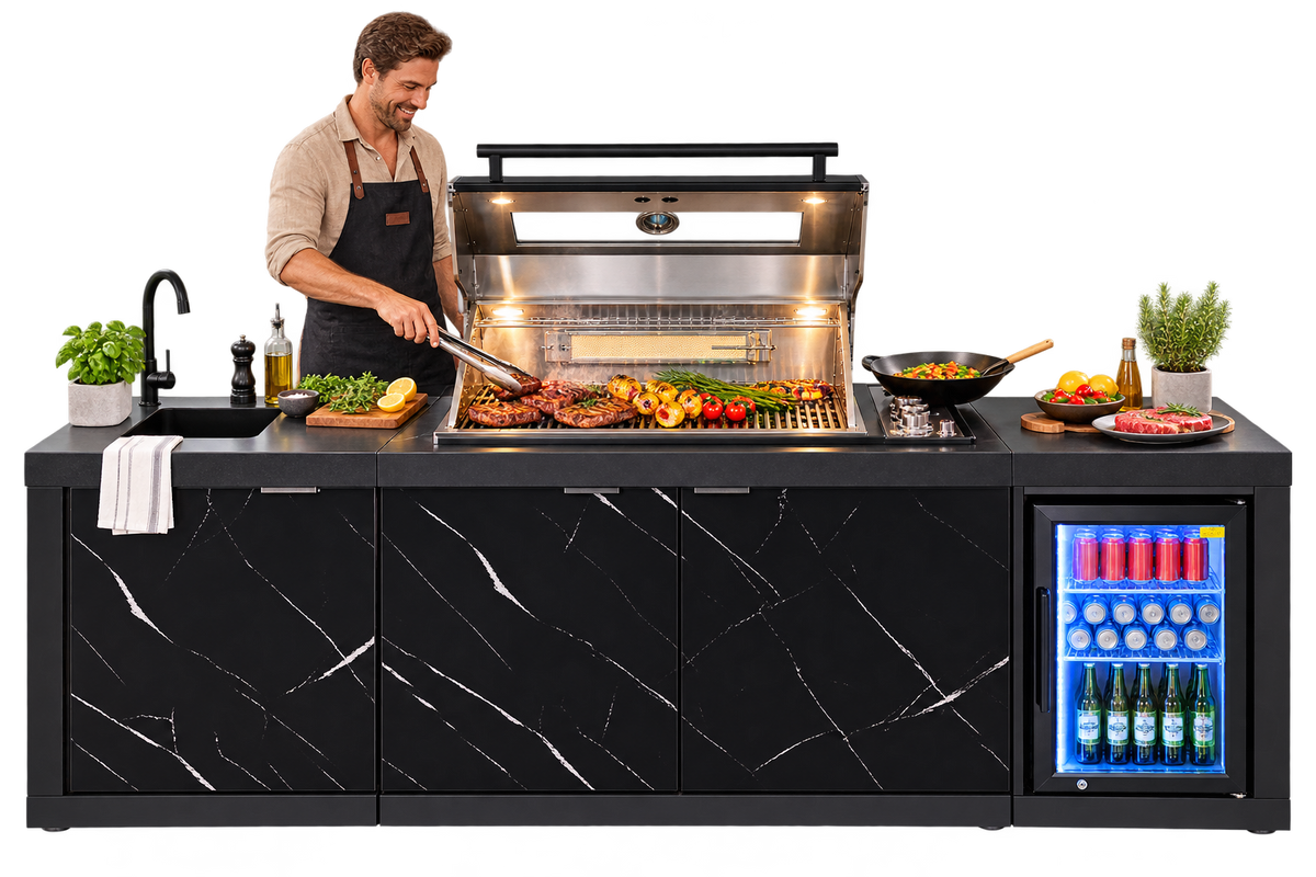 Grill King Rockpool Summit 4 Burner Outdoor BBQ Kitchen – Black Stone, Fridge & Sink
