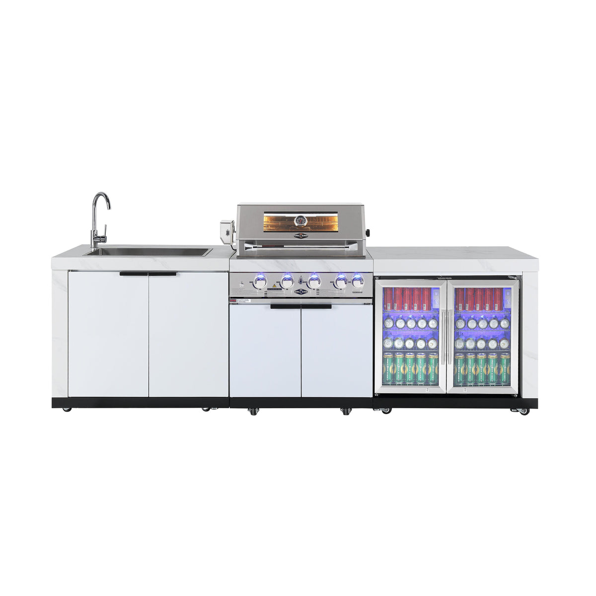 Rockpool White 4B: Designer Outdoor BBQ Kitchen Matt White Stone + White Doors, Fridge & Sink