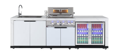 test rey 1 Rockpool White 4B: Designer Outdoor BBQ Kitchen Matt White Stone + White Doors, Fridge & Sink