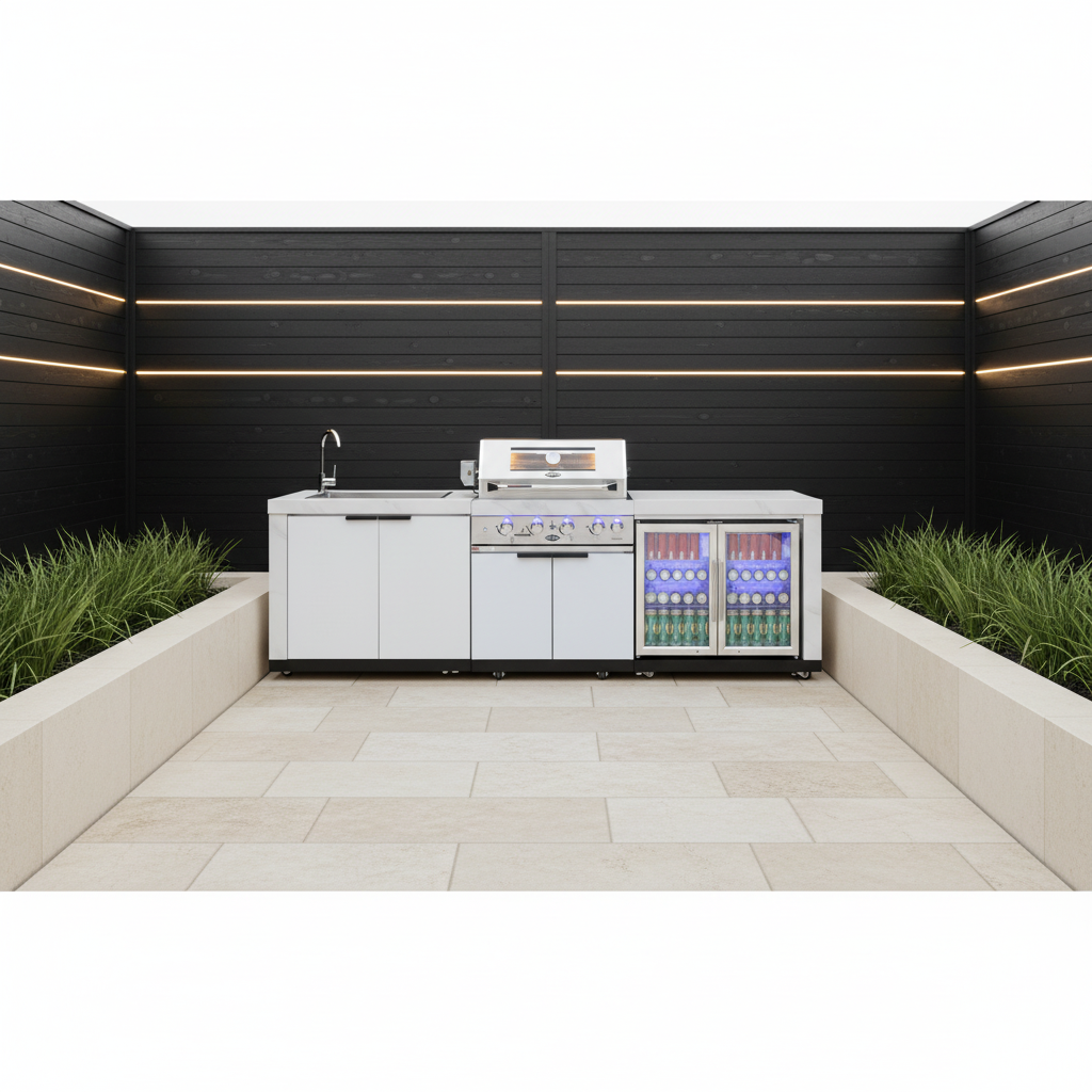 Rockpool White 4B: Designer Outdoor BBQ Kitchen Matt White Stone + White Doors, Fridge & Sink