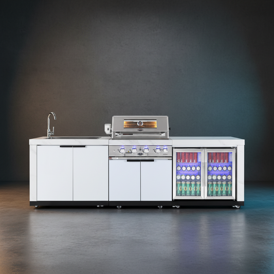 Rockpool White 4B: Designer Outdoor BBQ Kitchen Matt White Stone + White Doors, Fridge & Sink