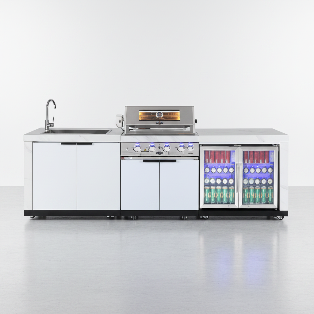 Rockpool White 4B: Designer Outdoor BBQ Kitchen Matt White Stone + White Doors, Fridge & Sink