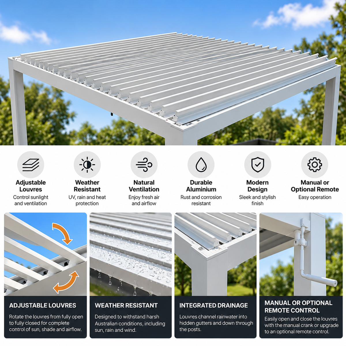 GazeboMate 3m x 4m White Aluminium Louvered Gazebo + Adjustable Privacy Wall Combo