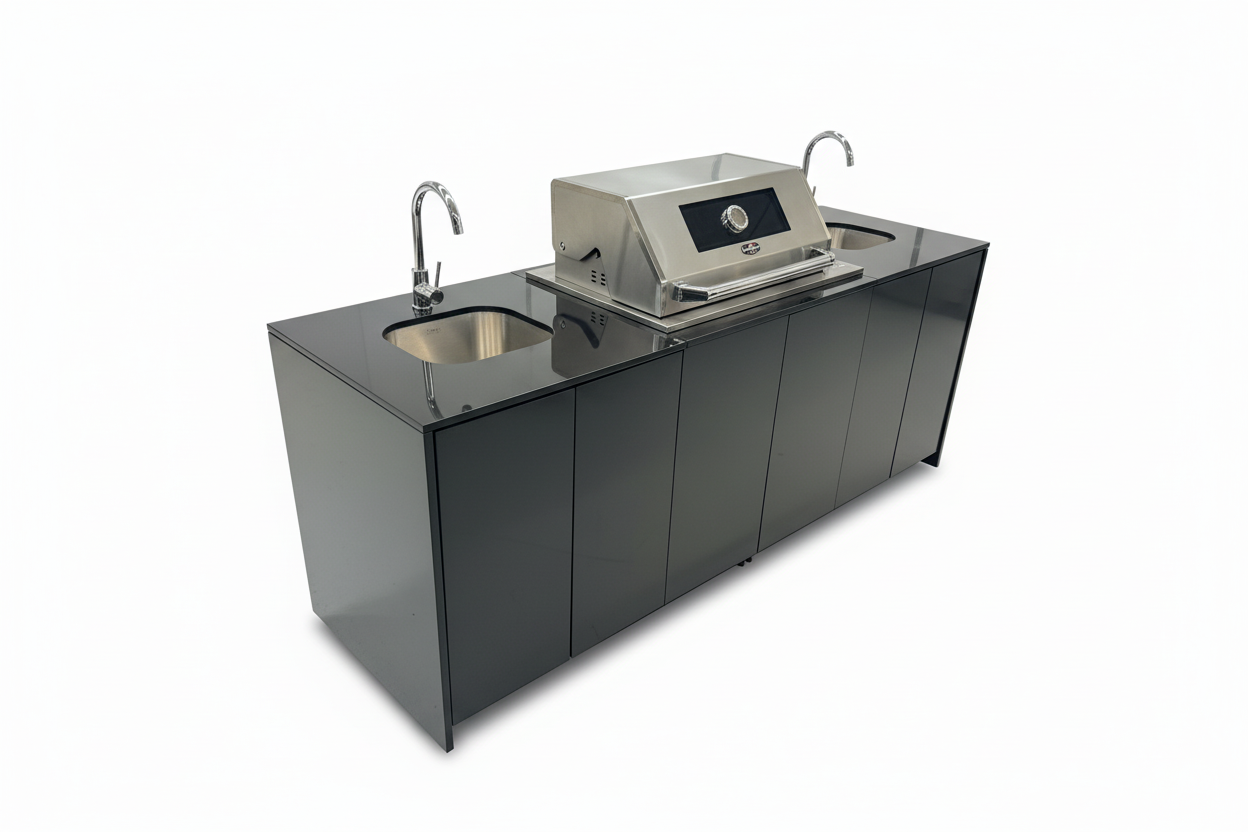 Grill King Signature Series Outdoor BBQ Kitchen Package – Rockpool Black Stone Bench-Top, Black Aluminium Cabinets | 4-Burner Built-In BBQ + Rotisserie + 150L Outdoor Fridge