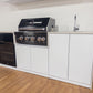 Grill King Signature Series Outdoor BBQ Kitchen Package – Rockpool White Stone Bench-Top, White Aluminium Cabinets | 4-Burner Built-In BBQ + Rotisserie + 150L Outdoor Fridge
