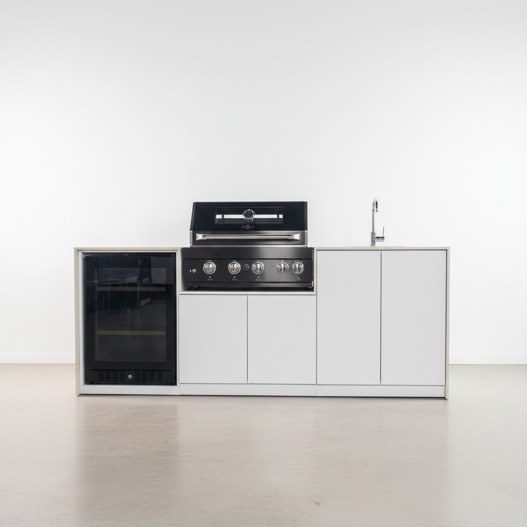 Grill King Signature Series Outdoor BBQ Kitchen Package – Rockpool White Stone Bench-Top, White Aluminium Cabinets | 4-Burner Built-In BBQ + Rotisserie + 150L Outdoor Fridge