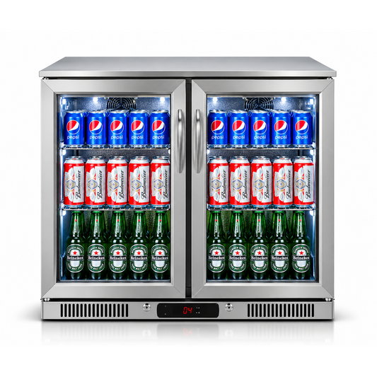 208L Double Door Stainless Steel Underbench Bar Fridge | Triple Glazed Glass