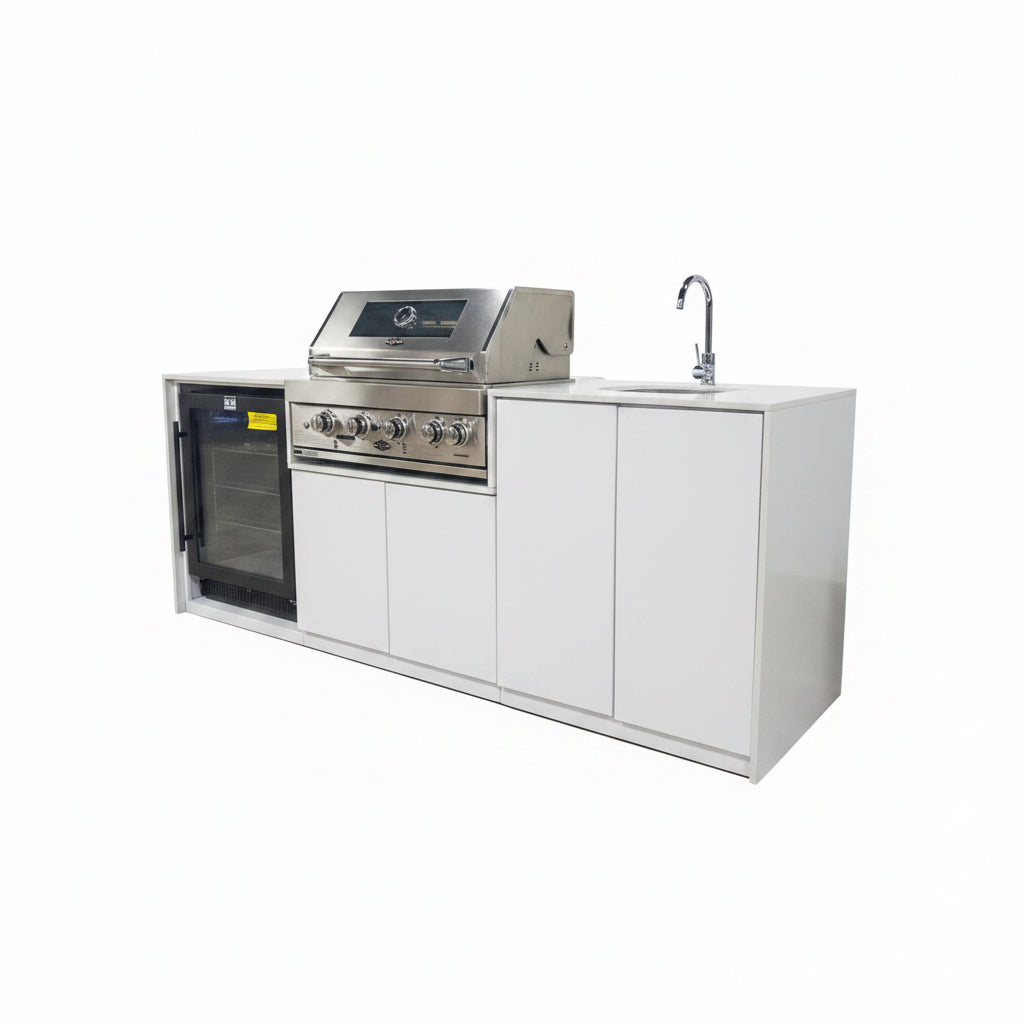Grill King Signature Series Outdoor BBQ Kitchen Package – Rockpool White Stone Bench-Top, White Aluminium Cabinets | 4-Burner Built-In BBQ + Rotisserie + 150L Outdoor Fridge