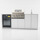 Grill King Signature Series Outdoor BBQ Kitchen Package – Rockpool White Stone Bench-Top, White Aluminium Cabinets | 4-Burner Built-In BBQ + Rotisserie + 150L Outdoor Fridge