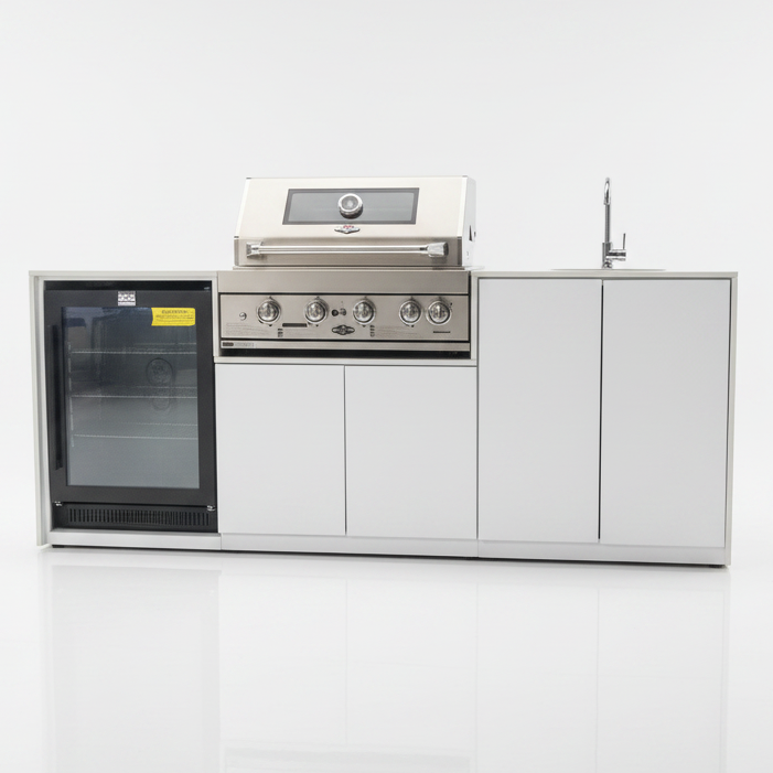 Grill King Signature Series Outdoor BBQ Kitchen Package – Rockpool White Stone Bench-Top, White Aluminium Cabinets | 4-Burner Built-In BBQ + Rotisserie + 150L Outdoor Fridge