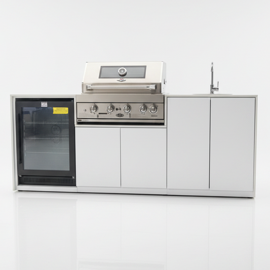 Grill King Signature Series Outdoor BBQ Kitchen Package – Rockpool White Stone Bench-Top, White Aluminium Cabinets | 4-Burner Built-In BBQ + Rotisserie + 150L Outdoor Fridge