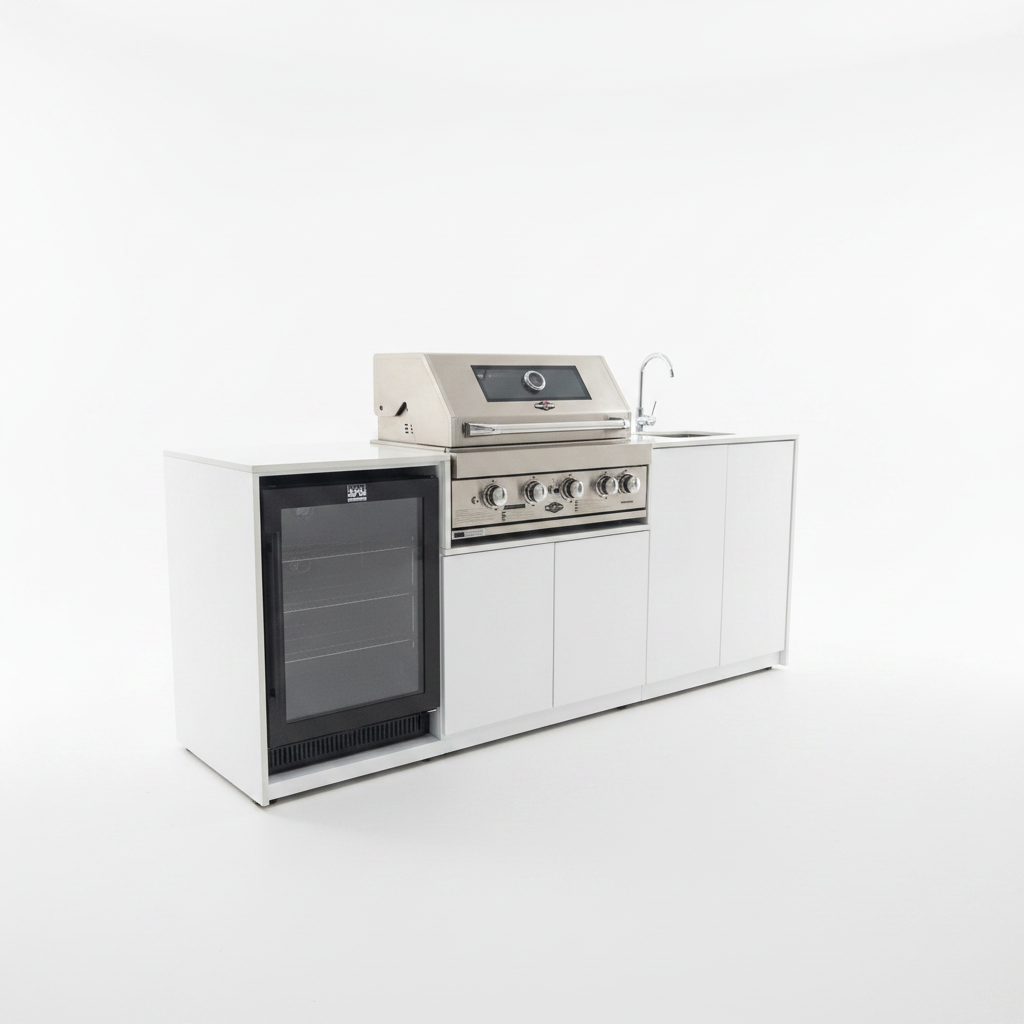 Grill King Signature Series Outdoor BBQ Kitchen Package – Rockpool White Stone Bench-Top, White Aluminium Cabinets | 4-Burner Built-In BBQ + Rotisserie + 150L Outdoor Fridge