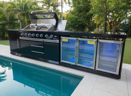 Floor Stock 6 Burner Black 304SS 6 Burner + Wok BBQ Kitchen + 3DR Fridge & Sink