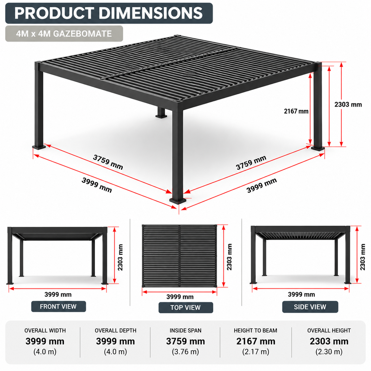 GazeboMate Aluminium Louvered Gazebo with Privacy Wall – Monument