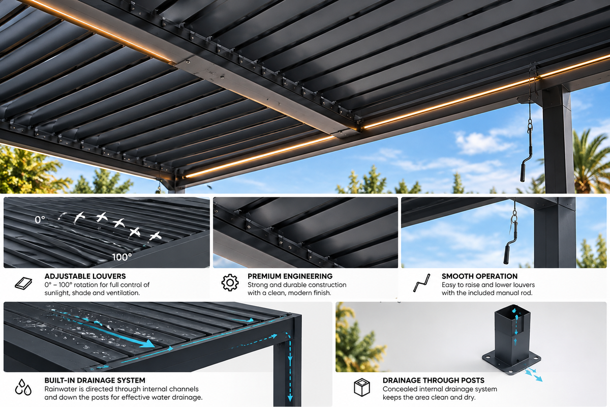 GazeboMate 4m × 6m Aluminium Louvered Gazebo – Monument | Adjustable Roof Pergola