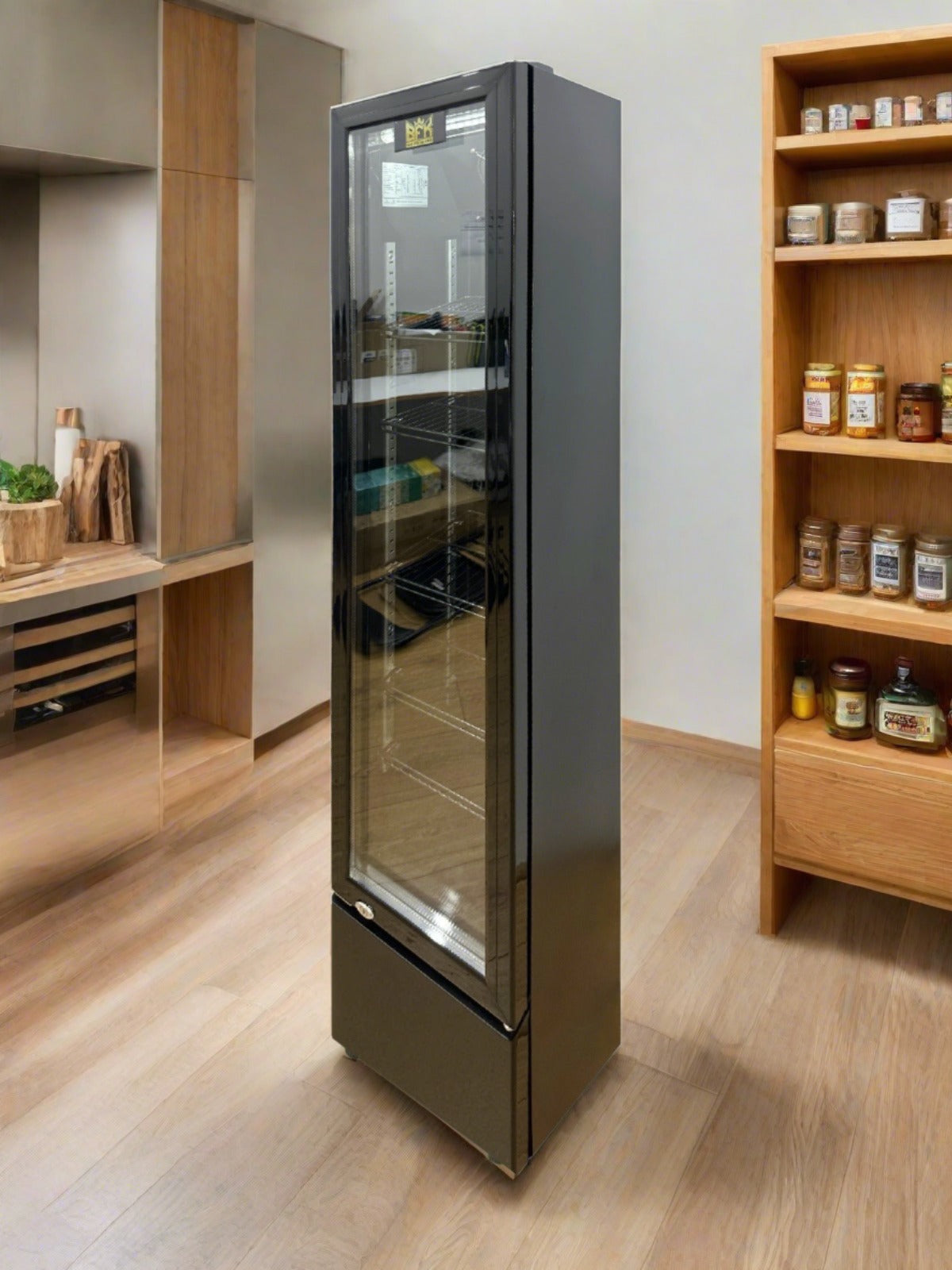 115L Commercial Skinny Upright Bar Fridge - Single Door, Black Stainless Steel, LED Lighting for Wine & Beverages