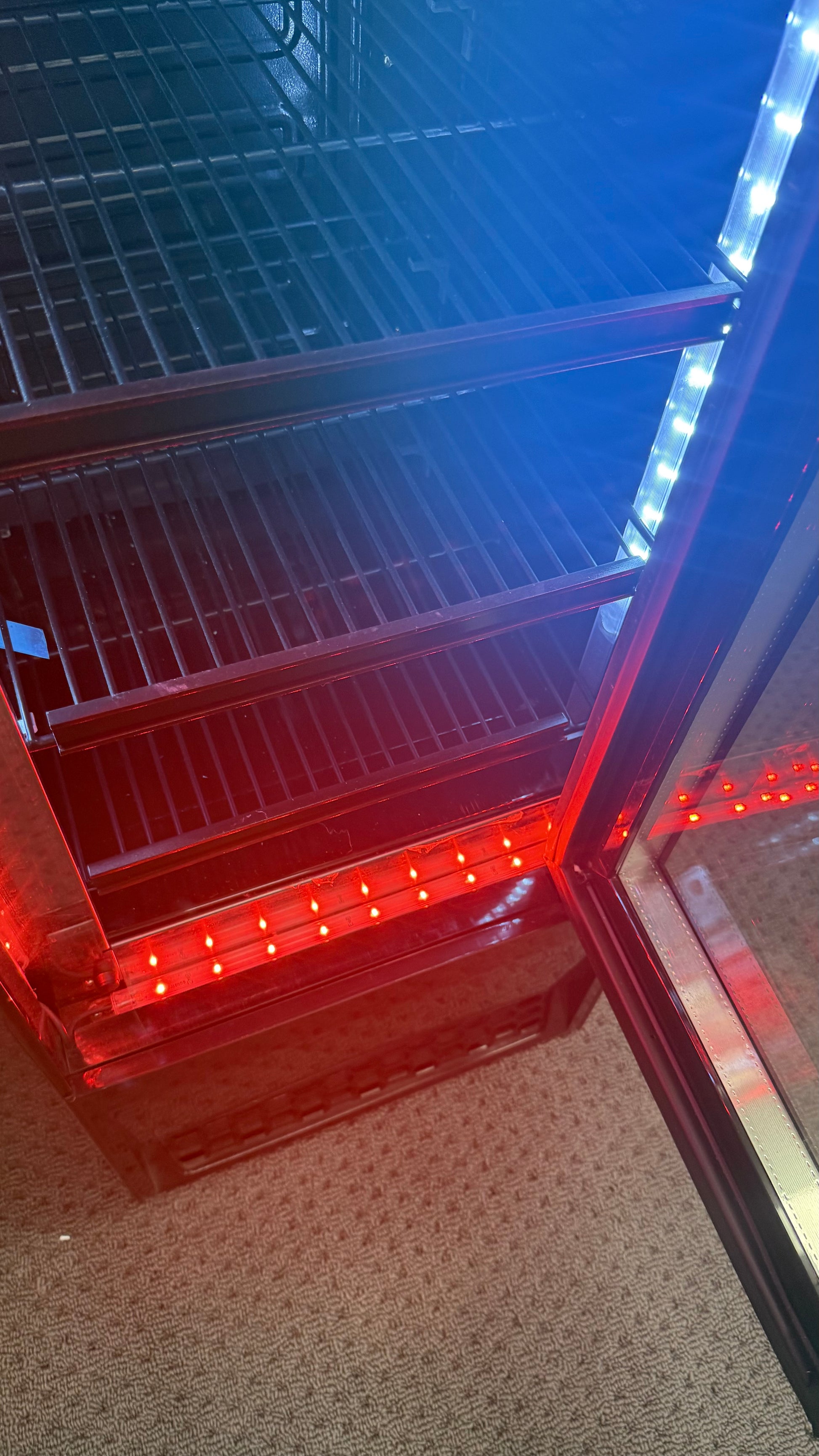 Floorstock Tropical Rated Triple Glazed 135L Commercial Skinny Upright Bar Fridge - Single Door, Black Stainless Steel, Red LED Lighting for Wine & Beverages