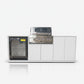 Grill King Signature Series Outdoor BBQ Kitchen Package – Rockpool White Stone Bench-Top, White Aluminium Cabinets | 4-Burner Built-In BBQ + Rotisserie + 150L Outdoor Fridge