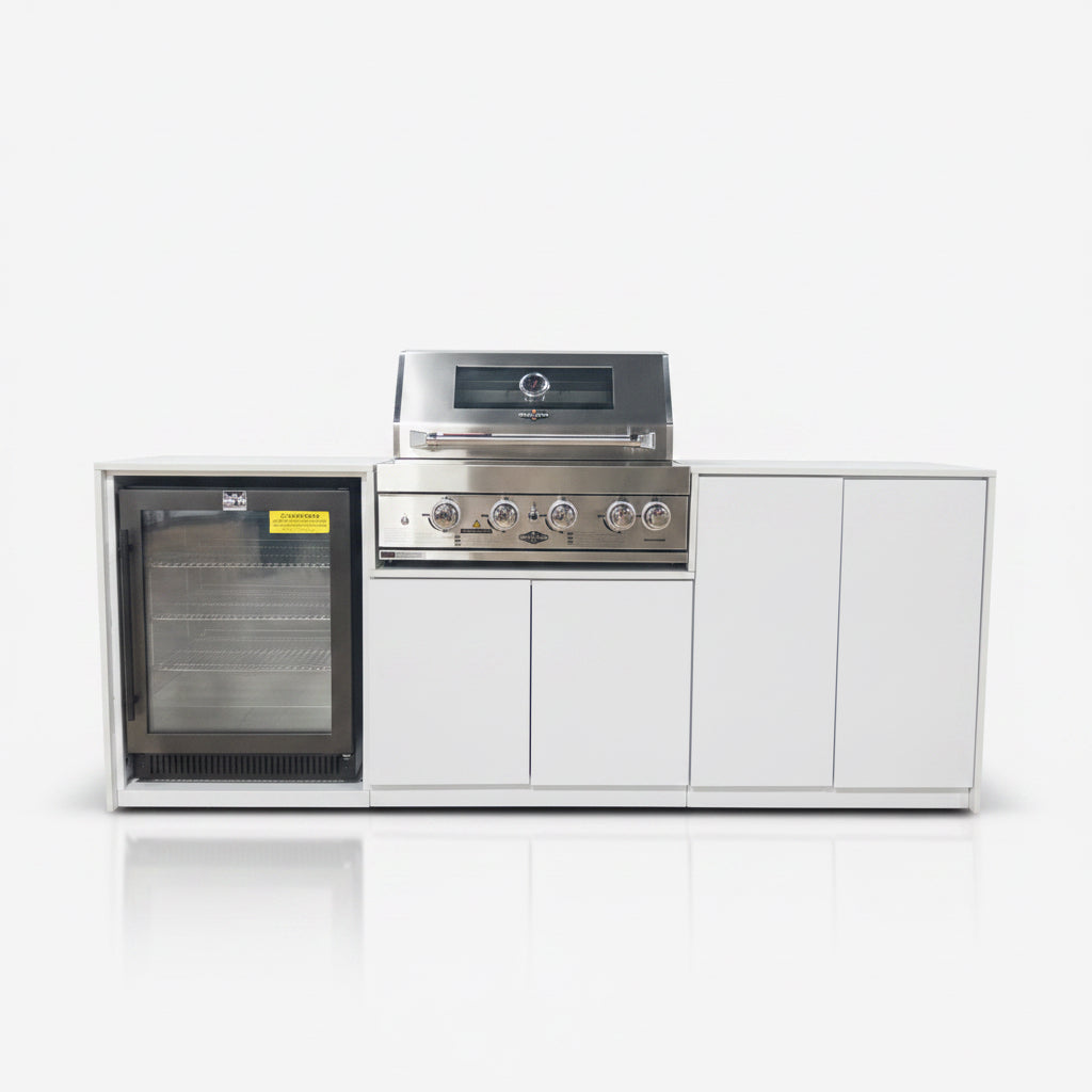 Grill King Signature Series Outdoor BBQ Kitchen Package – Rockpool White Stone Bench-Top, White Aluminium Cabinets | 4-Burner Built-In BBQ + Rotisserie + 150L Outdoor Fridge