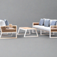 Morlaix 4 Piece Hampton Style Designer Outdoor Lounge Set: White Aluminium, Acacia Wood, Table & Cushions